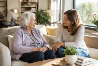 Résidente âgée échangeant avec sa fille dans le salon lumineux d’une résidence services seniors.