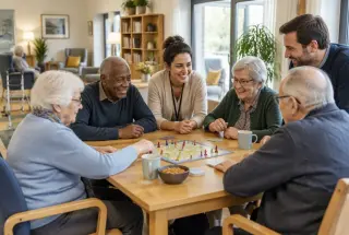 Résidents et proches autour d’un jeu de société dans la salle commune d’un établissement