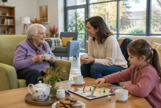 Visite en famille : une grand-mère prend le thé et joue avec sa petite-fille