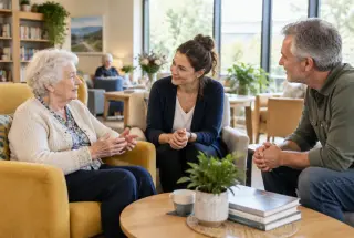Une résidente entourée de deux proches dans le salon d’un établissement