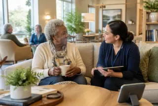 Une résidente échange avec une membre de l’équipe munie d’une tablette